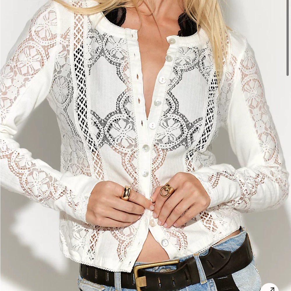 Free People Jae Sheer Lace Knit Long Sleeve Top in Sugar Swizzle